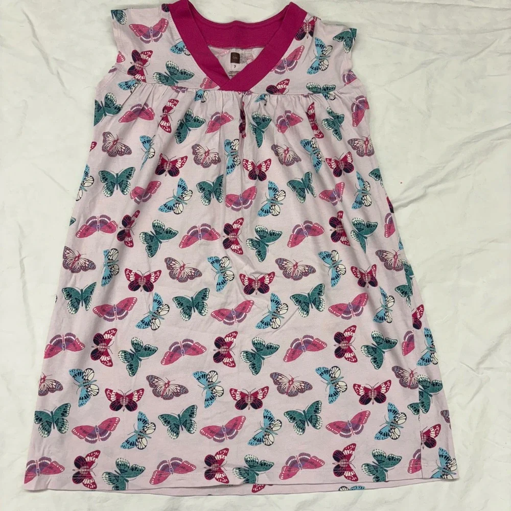Tea Collection Girls Pink Blue Butterfly Cotton Jersey V-Neck Dress Size 7